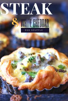 an egg and cheese quiche with the title overlay reads, steak & white cheddar egg souffle