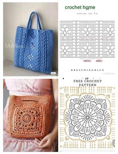 the crochet bag pattern is shown in three different colors and sizes, including one blue