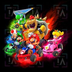 mario kart and other characters are in front of a black background with neon colors