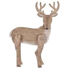 a wooden deer with antlers is standing in front of a white background and there is no image on it