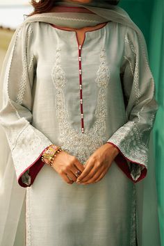 Husn | Ready To Wear | Luxury Formal Women Suits – Zaaviay Global Eid Collection 2022, Plain Suits, Closet Idea, Cotton Short Tops, Best Designer Suits, Neck Patterns, Bridal Lehenga Online, Formal Women, Silk Pant