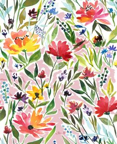 watercolor flowers and leaves on a pink background with blue, green, yellow, red, orange, white colors