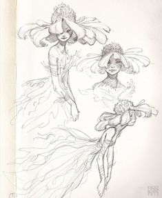 two drawings of women in dresses, one holding a flower and the other wearing a hat