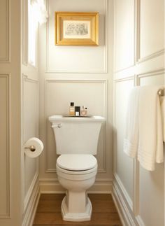 a white toilet sitting in a bathroom next to a wall mounted painting on the wall