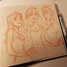 a drawing of three girls with long hair