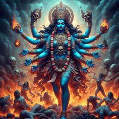 the hindu god is surrounded by fire and skulls in his body, as if he is holding