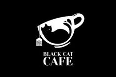 the black cat cafe logo is shown in white on a black background with an image of a