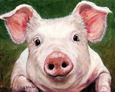 a painting of a pig sitting in the grass