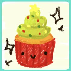 a drawing of a cupcake with a green frosting and sprinkles