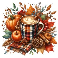 a cup of coffee surrounded by autumn leaves and pumpkins