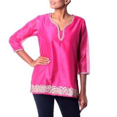 This stunning hot pink tunic is the creation of Isha Jain in India. Crafted of a cotton/silk blend the neckline and hem of the tunic feature gold and silver gota embroidery an applique-like technique that originated in Rajasthan and is traditionally used on wedding and formal garments. Gold zari embroidery sequins and sparkling faux stones add extra glamour. The semi-sheer tunic features three-quarter length sleeves and a cotton-lined bodice. Zari Embroidery, Pink Tunic, Women Artisans, Design Patterns, Print Tunic, Cotton Blouses, Cotton Silk, Bright Pink, Women Empowerment