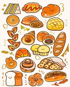 a bunch of different types of breads and pastries on a white background with orange accents