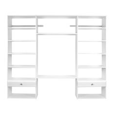 a white bookcase with shelves and drawers on it's sides, against a white background