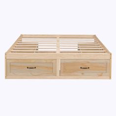 a wooden bed frame with two drawers on each side and an open drawer underneath it