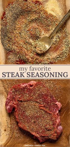 steak seasoning on a cutting board with a spoon