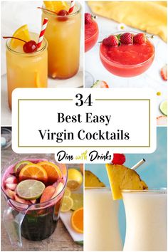 Collage of 4 easy virgin cocktails. Virgin Drink Recipes, Basic Cocktails, Coctails Recipes, Soda Recipe, Non Alcoholic Cocktails