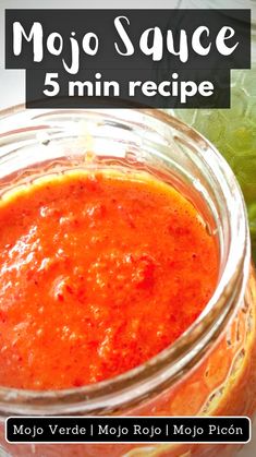 A large jar of Mojo rojo sits beside a jar of freshly made mojo verde. Red Mojo Sauce Recipe, Mojo Rojo Recipe, Dipping Sauce For Seafood, Spanish Sauce Recipe, Mojo Sauce Recipe, Spanish Sauce, Vegan Tapas, Bread Dipping Sauce, Sauce For Seafood