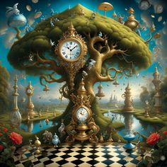 a painting of a tree with many clocks on it's face and in the background is a checkerboard floor