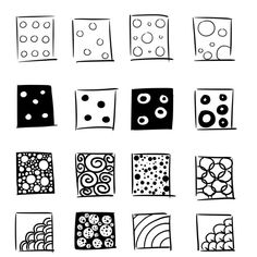 the different shapes and sizes of dices are drawn in black ink on white paper