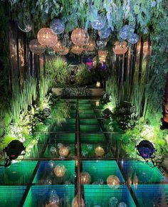 an indoor garden with plants and lights hanging from it's ceiling, surrounded by greenery