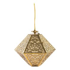 a hanging light with an intricate design on the front and side, in gold tone