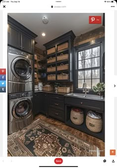 an image of a laundry room with black cabinets and appliances on the app store page