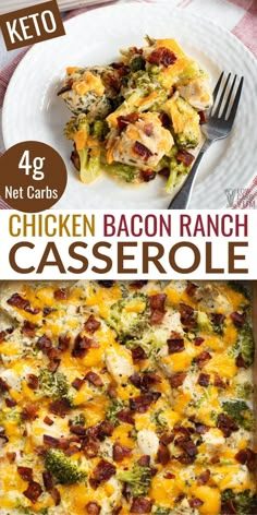 chicken bacon ranch casserole with broccoli and cheese on the side is shown