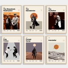 six movie posters with the characters from pulp fiction films in different styles and sizes, all on separate panels