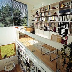 the bookshelves are filled with many books