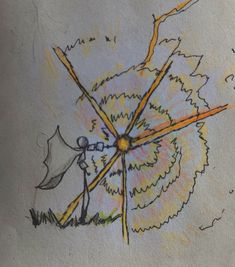 a drawing of a dandelion with two people standing next to it and one person holding an umbrella