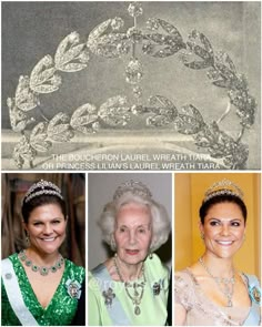 Princess Lilian's Laurel Wreath Tiara is an elegant piece of jewelry that dates back to the early 20th century. This tiara was crafted in the 1910s and features a delicate design of laurel leaves, a symbol of victory and honor, intricately fashioned from platinum and adorned with diamonds.  The tiara was a gift to Princess Lilian of Sweden, who was known for her grace and style, and she wore it on numerous formal occasions throughout her life. Its timeless design and association with Princess Lilian have made it a cherished part of the Swedish royal family's collection. Thigh Bands, Laurel Wreath, Swedish Royals