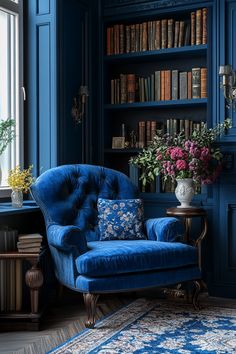 a blue chair sitting in front of a book shelf filled with lots of books and flowers