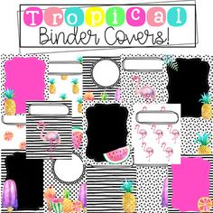 tropical binder covers with flamingos, pineapples and watermelon