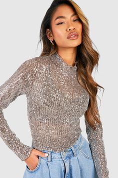 Womens Sequin High Neck Long Sleeved Top - Grey - 4 - Wanna stand out from the crowd? Featuring bold, small, disco-shaped discs which reflect the light for a real head-turning look, prepare to upstage the glitterball this season in this sequin top from our latest collection. Sparkly, bold, and perfect for party season, this glamorous style is everything we've been scrolling for. Dress it up with a mini skirt and statement heels, or pair this sparkly top with your fave jeans and a leather jacket Statement Heels, Sparkly Top, Trip Outfits, Vegas Trip, Glamorous Style, Long Sleeved Top, Sequin Top, Top Collection, Mini Skirt