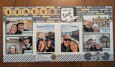 a collage of photos with the words italy and people in them, on a wooden table