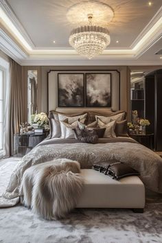 a large bed sitting under a chandelier in a bedroom next to a window