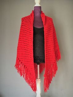 Knitted elegant soft shawl red scarf wrap for ladies knitted accessory boho style shawl for sale. Dimensions: triangular 82.6x39.3 zoll in ( ca. 210x100 cm) Color: red Material: wool, polyacrylic Care: For best results hand wash in cold water or machine warm wash (in handmade mode if avaliable) or gentle cycle and squeeze excess water after rinsing (do not wring) then lay flat on a dry towel to air-dry.  Please message me with any questions. Thanks for visiting my shop! Red Shawl Scarves For Fall, Red Shawl Wrap For Fall, Red Shawl Poncho For Festival, Red Shawl Scarf For Winter, Red Shawl Wrap For Winter, Red Fringe Shawl For Fall, Red Bohemian Shawl For Winter, Red Shawl Wrap, Red Fringed Shawl For Fall