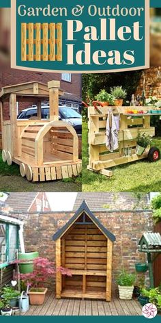 garden and outdoor pallet ideas with pictures of different things in the yard, including a shed