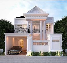 a car is parked in front of a white house with columns and balconies