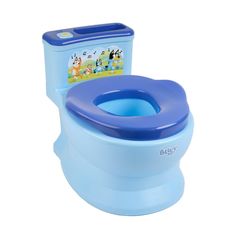 a blue toilet with the lid up and an animal sticker on it's side