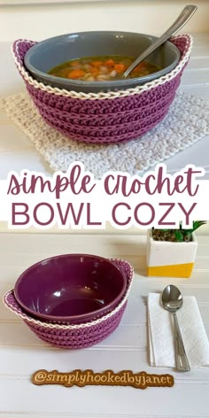 two bowls with crochet on them, one is filled with soup and the other has