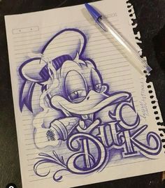 a drawing of a cartoon character with the word ducky on it's side