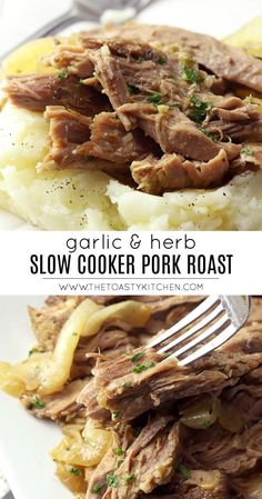 slow cooker pork roast on top of mashed potatoes