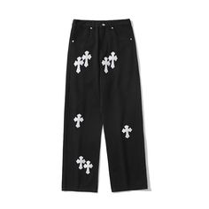 Get the iconic Chrome Cross look that has taken over the current denim look with these Chrome Cross Straight Leg Crucifix Jeans! Featuring a baggy straight leg construction in either white or black denim with bold leather crosses repeated across the front and back. Chrome Cross, Streetwear Essentials, Streetwear Hip Hop, Fast Fashion, Black Denim, Denim Pants, Next Level, Shirt Jacket, Sweater Hoodie