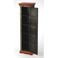 a tall black cabinet with red and gold trim