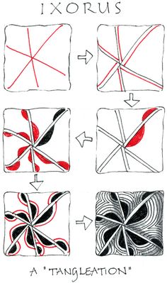 four squares with different shapes and lines drawn on one side, the other half has an xorus symbol