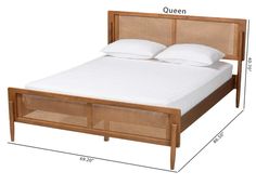 a bed with a wooden frame and headboard made out of wicker, measurements