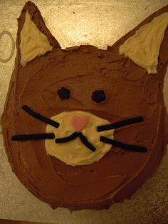 a cake shaped like a cat with chocolate icing on it's face and ears