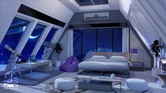 a bedroom with a bed, desk and window overlooking the stars in the night sky