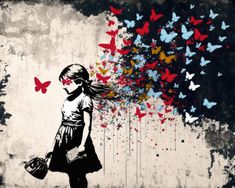 Bring the Streets Indoors: Banksy Girl With Butterflies Canvas Art Print Own a piece of urban art history with this stunning Banksy canvas print featuring his iconic "Girl With Butterflies" stencil. The Details: Gallery-quality reproduction artwork. Vibrant, long-lasting inks on artist-grade canvas for a museum-worthy look. Available in a variety of sizes to perfectly fit your space. Makes a bold statement in any home, apartment, dorm, or office. Keywords: Banksy, street art, graffiti art, stencil art, urban art, pop art, girl with butterflies, butterfly wall art, Banksy canvas print, Banksy wall art, Banksy decor, Banksy for sale, urban wall art, contemporary art, social commentary Looking for a conversation starter? This Banksy print is sure to get noticed and spark discussions about art Banksy Art Graffiti, Bansky Banksy Street Art, Banksy Inspired Art, Butterflies Stencil, Iconic Girl, Spray Paint Artwork, Banksy Stencil, Banksy Street Art, Banksy Artwork